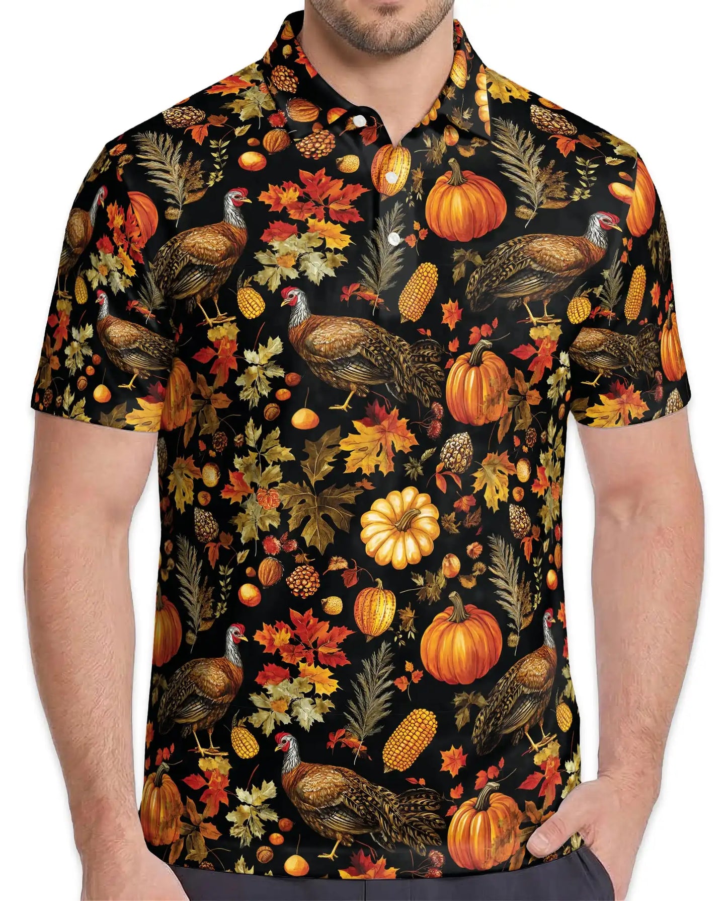 Autumn Turkey Harvest 3D Polo Shirt for Men, Rustic Thanksgiving Farm Style | Azhawaiian