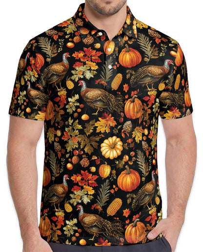 Autumn Turkey Harvest 3D Polo Shirt for Men, Rustic Thanksgiving Farm Style | Azhawaiian