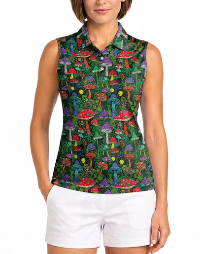 Hippie Vintage Mushroom Sleeveless Polo Shirt for Women | Azhawaiian