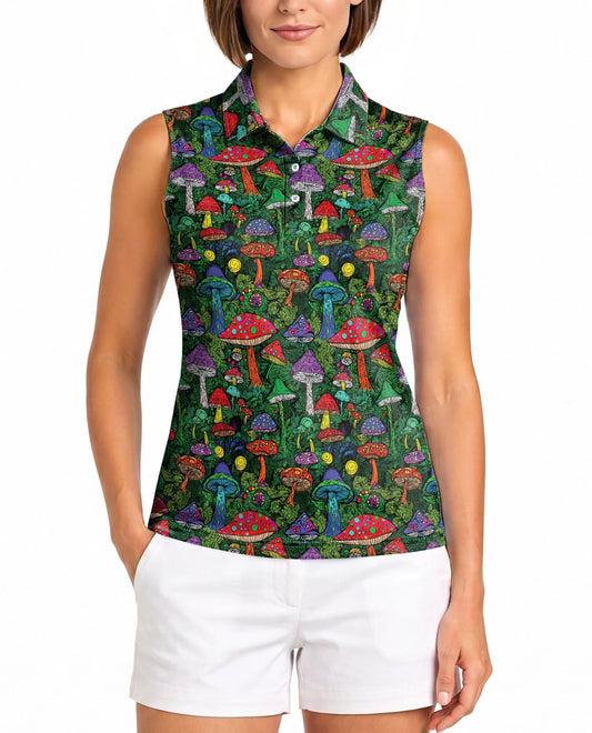 Hippie Vintage Mushroom Sleeveless Polo Shirt for Women | Azhawaiian