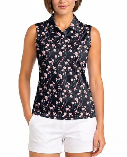 Cherry Blossom Branches Pattern Sleeveless Polo Shirt for Women | Azhawaiian