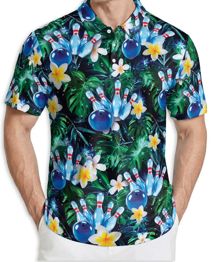 Tropical Bowling 3D Polo Shirt for Men, Floral Palm Tree Sports Style | Azhawaiian