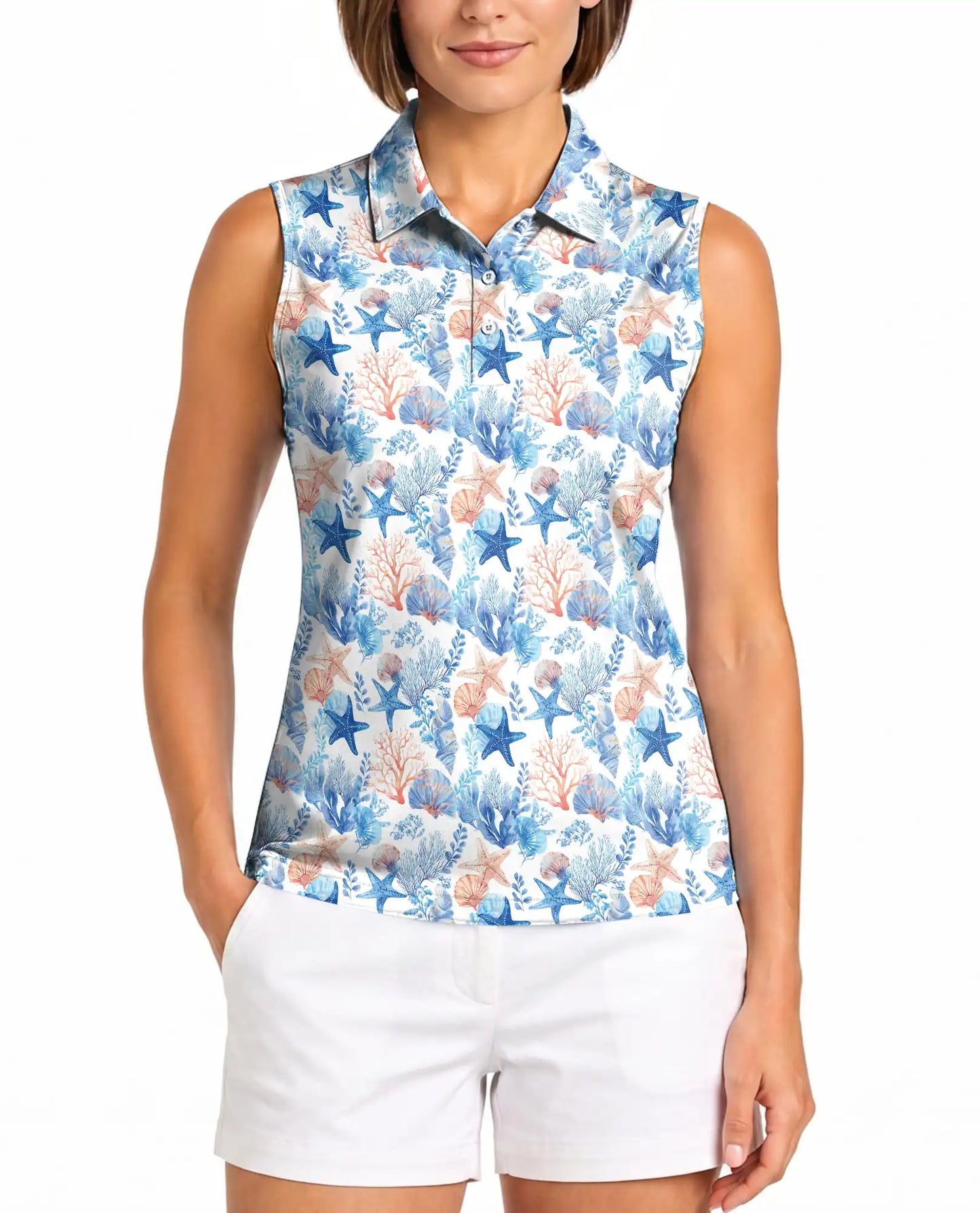 Starfish And Coral Sleeveless Polo Shirt for Women, Ocean Tropical Style | Azhawaiian