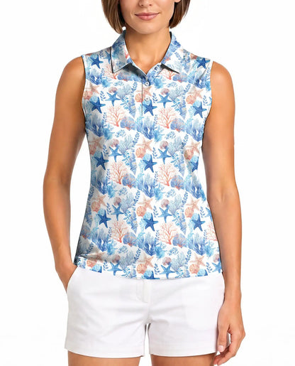 Starfish And Coral Sleeveless Polo Shirt for Women, Ocean Tropical Style | Azhawaiian