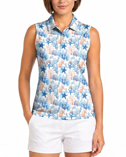 Starfish And Coral Sleeveless Polo Shirt for Women, Ocean Tropical Style | Azhawaiian