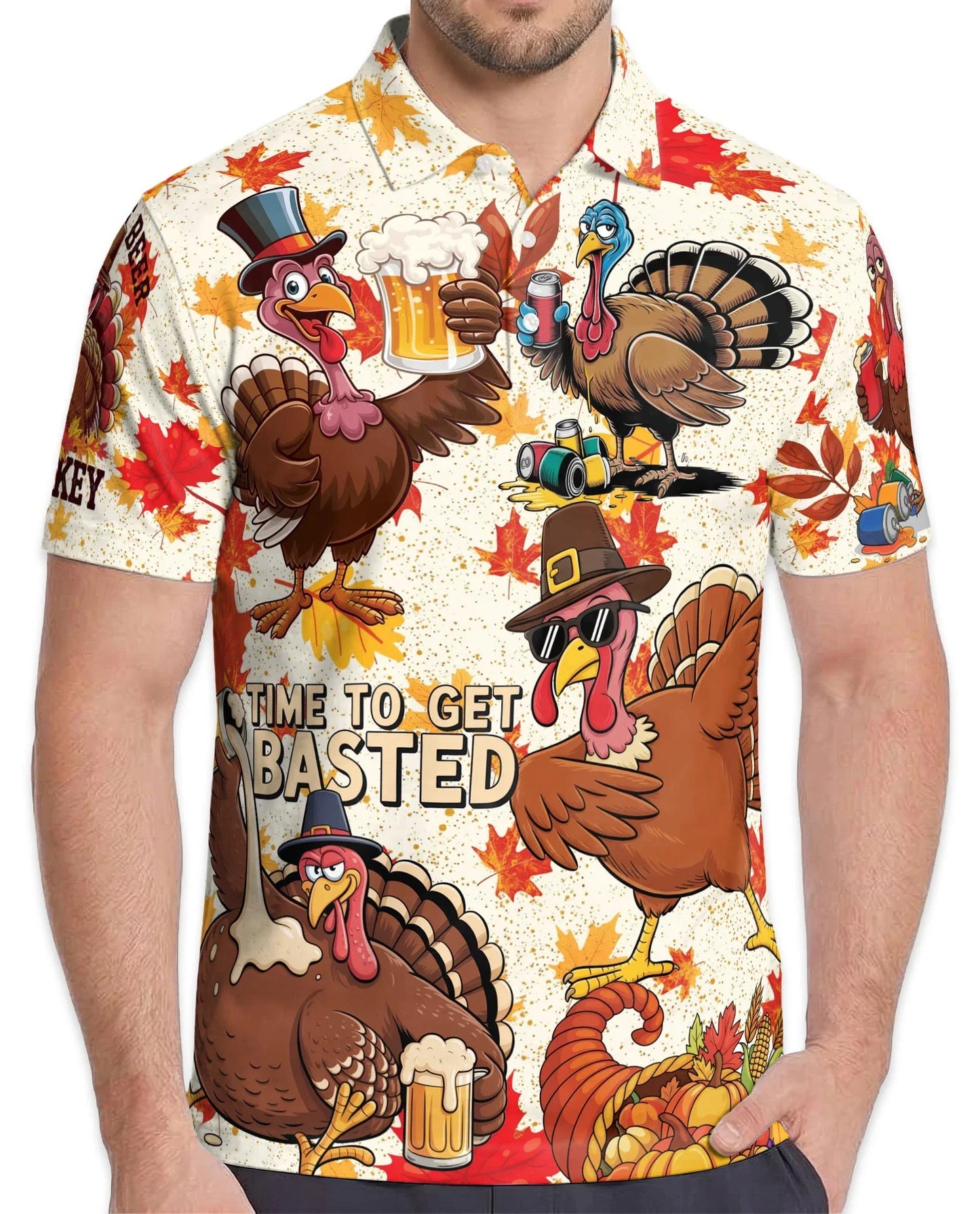 Thanksgiving Turkey Beer Polo Shirt for Men, Funny Holiday Style | Azhawaiian