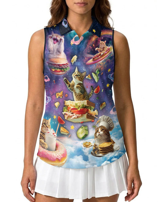 Cosmic Cat Food Adventure Sleeveless Polo Shirt for Women | Azhawaiian