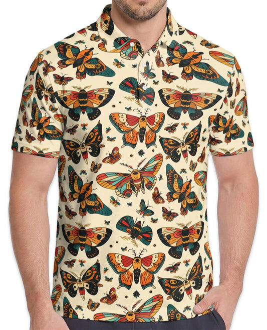 Vintage Butterfly Pattern Polo Shirt for Men, Retro Floral Nature Style | Azhawaiian