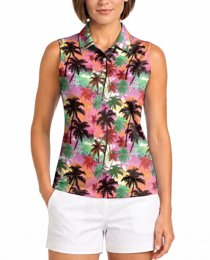 Colorful Sunset Palm Tree Sleeveless Polo Shirt for Women | Azhawaiian