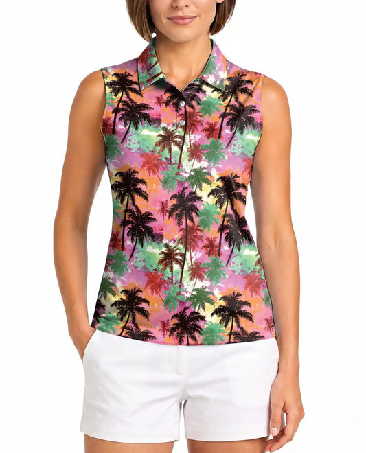 Colorful Sunset Palm Tree Sleeveless Polo Shirt for Women | Azhawaiian
