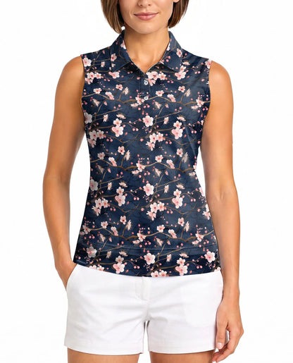 Navy Sakura Flower Sleeveless Polo Shirt for Women, Elegant Floral Style | Azhawaiian