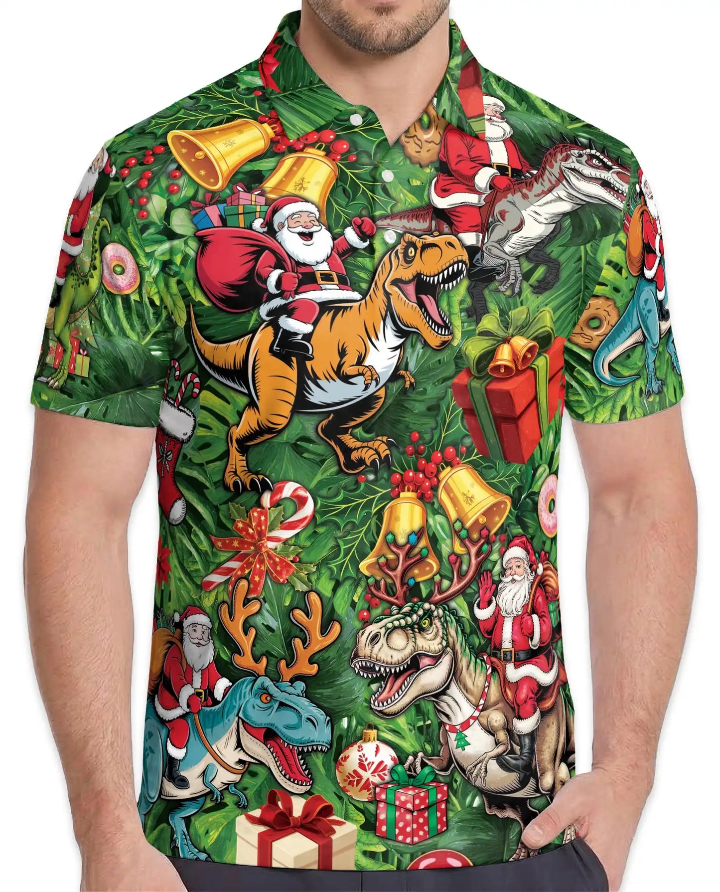 Christmas Dinosaur 3D Polo Shirt for Men, Funny Santa T Rex Holiday Style | Azhawaiian