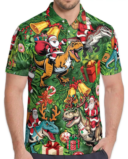 Christmas Dinosaur 3D Polo Shirt for Men, Funny Santa T Rex Holiday Style | Azhawaiian