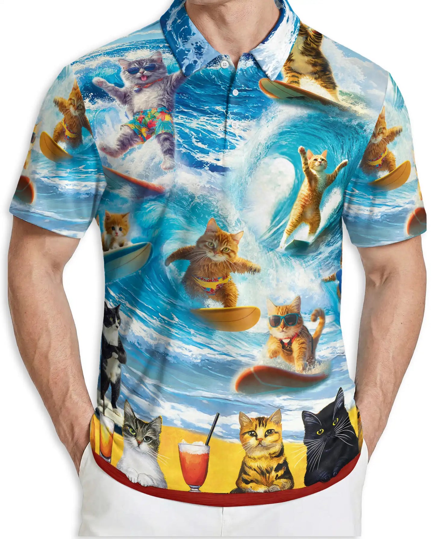 Surfing Cat 3D Polo Shirt for Men, Funny Beach Summer Style | Azhawaiian