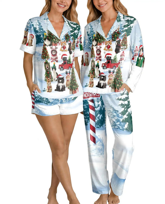 Christmas Cat Pajama Set for Women, Holiday Satin Sleepwear