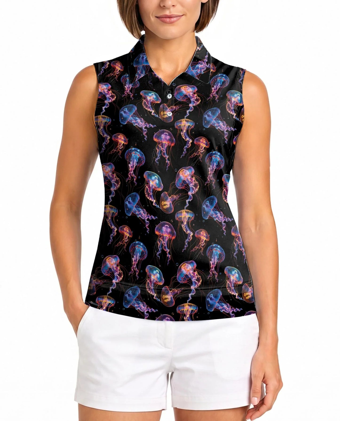 Neon Jellyfish Sleeveless Polo Shirt for Women | Azhawaiian