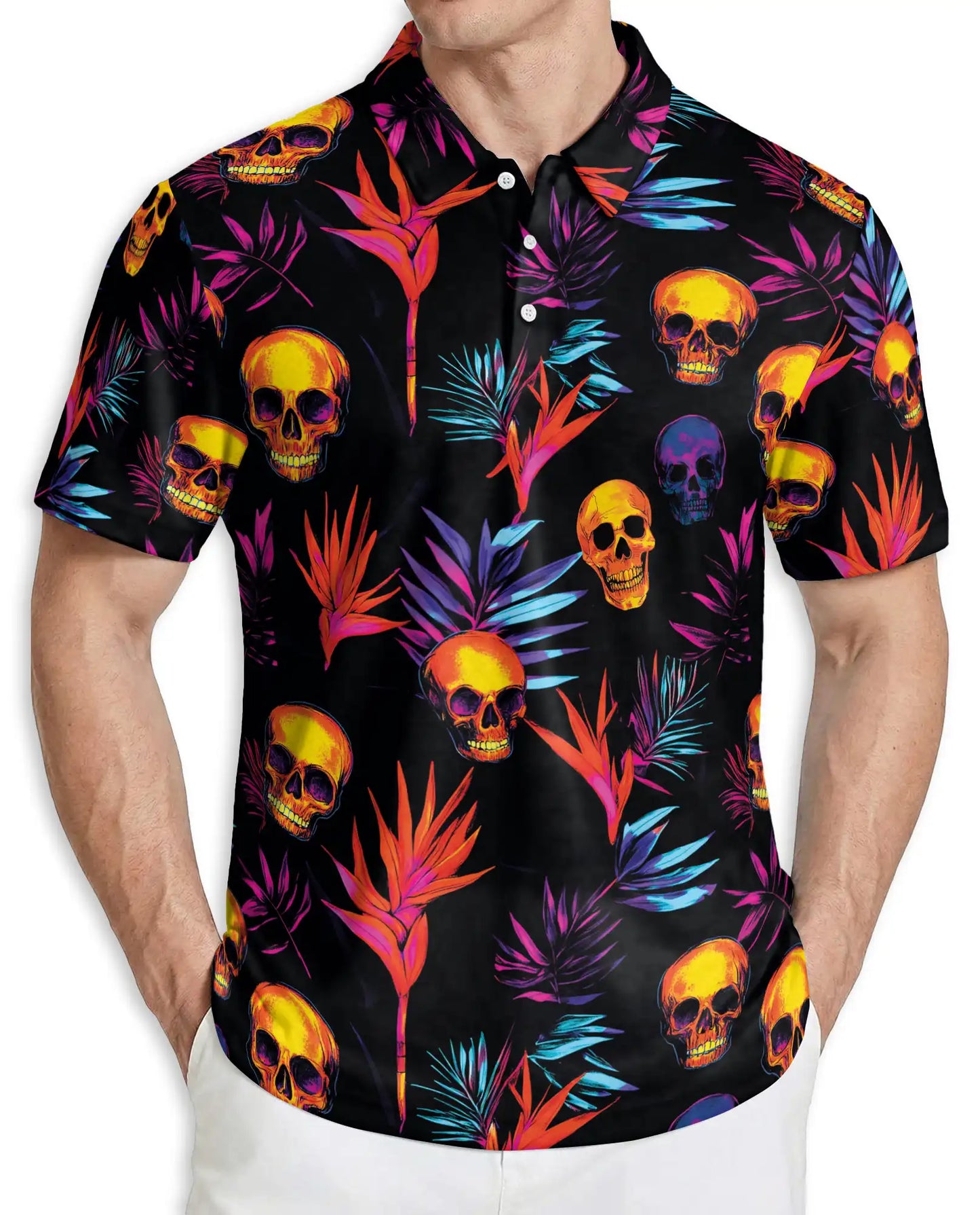 Neon Skull Polo Shirt, Tropical Gothic Print | Azhawaiian
