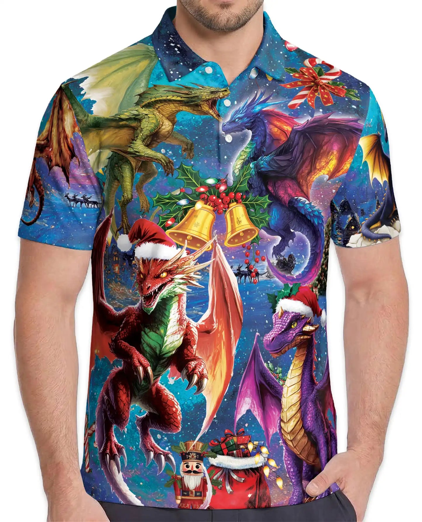 Christmas Dragon 3D Polo Shirt for Men, Fantasy Holiday Winter Style | Azhawaiian