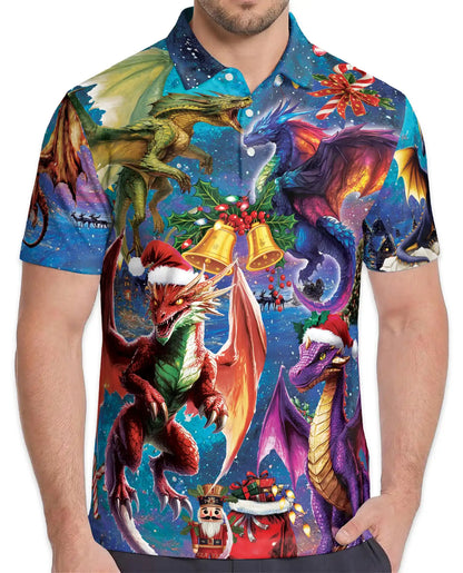 Christmas Dragon 3D Polo Shirt for Men, Fantasy Holiday Winter Style | Azhawaiian