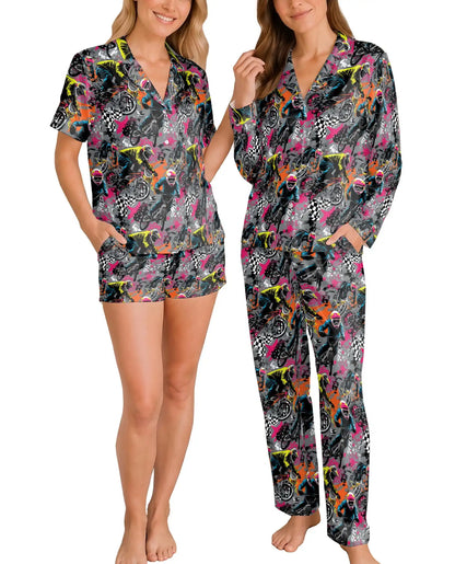 Motocross Dirt Bike Pajama Set for Women – Neon Graffiti Racing Print
