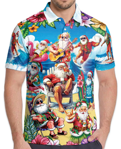 Funny Surfing Santa Polo Shirt for Men, Christmas Beach Style | Azhawaiian