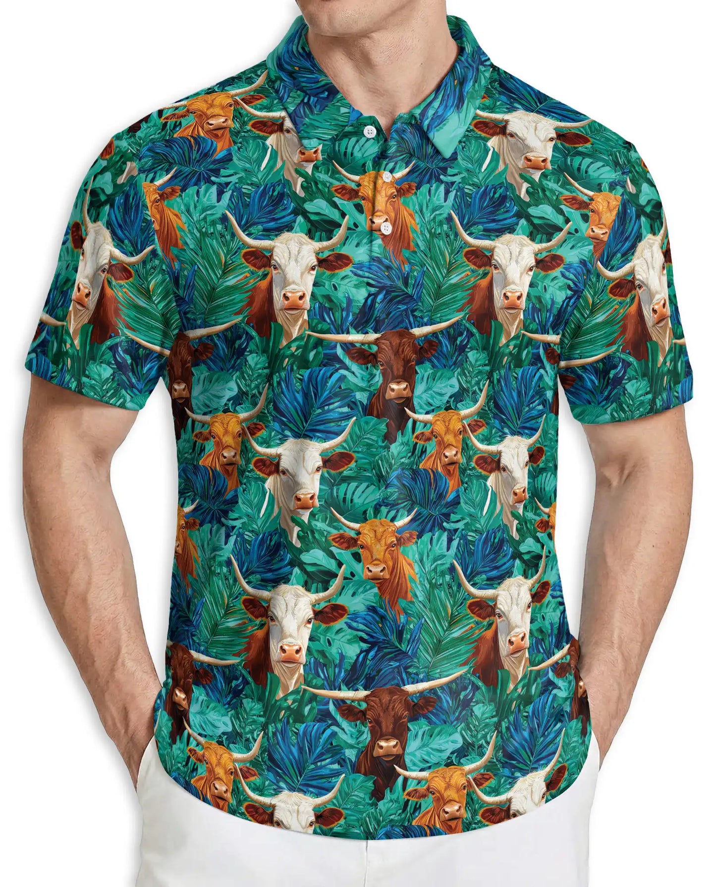 Longhorn Cattle Hawaiian 3D Polo Shirt for Men | Azhawaiian