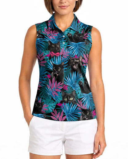 Black Cat Tropical Leaves Sleeveless Polo Shirt for Women| Azhawaiian