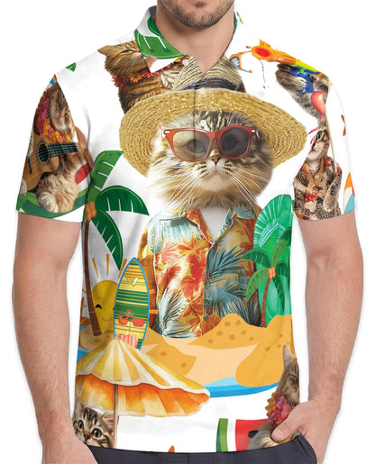Funny Beach Cat Polo Shirt - Tropical Hawaiian Vacation Kitty Design | Azhawaiian