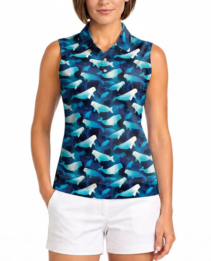 Beluga Whales Sleeveless Polo Shirt for Women, Ocean Animal Style