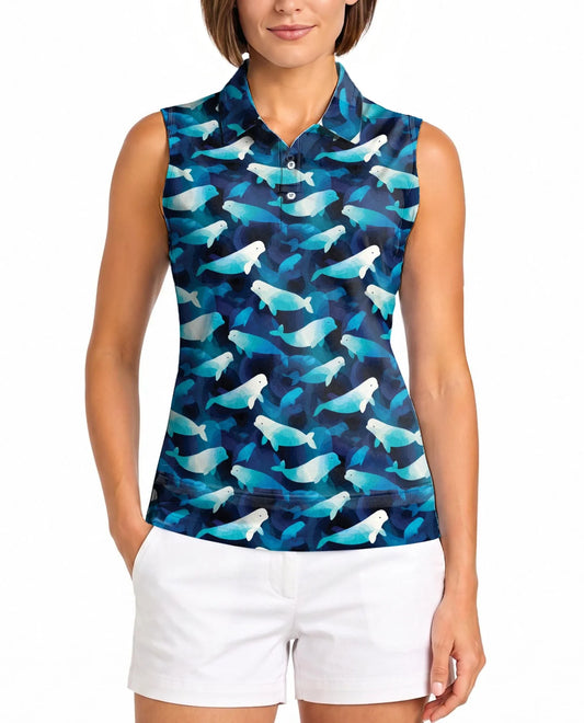 Beluga Whales Sleeveless Polo Shirt for Women, Ocean Animal Style | Azhawaiian