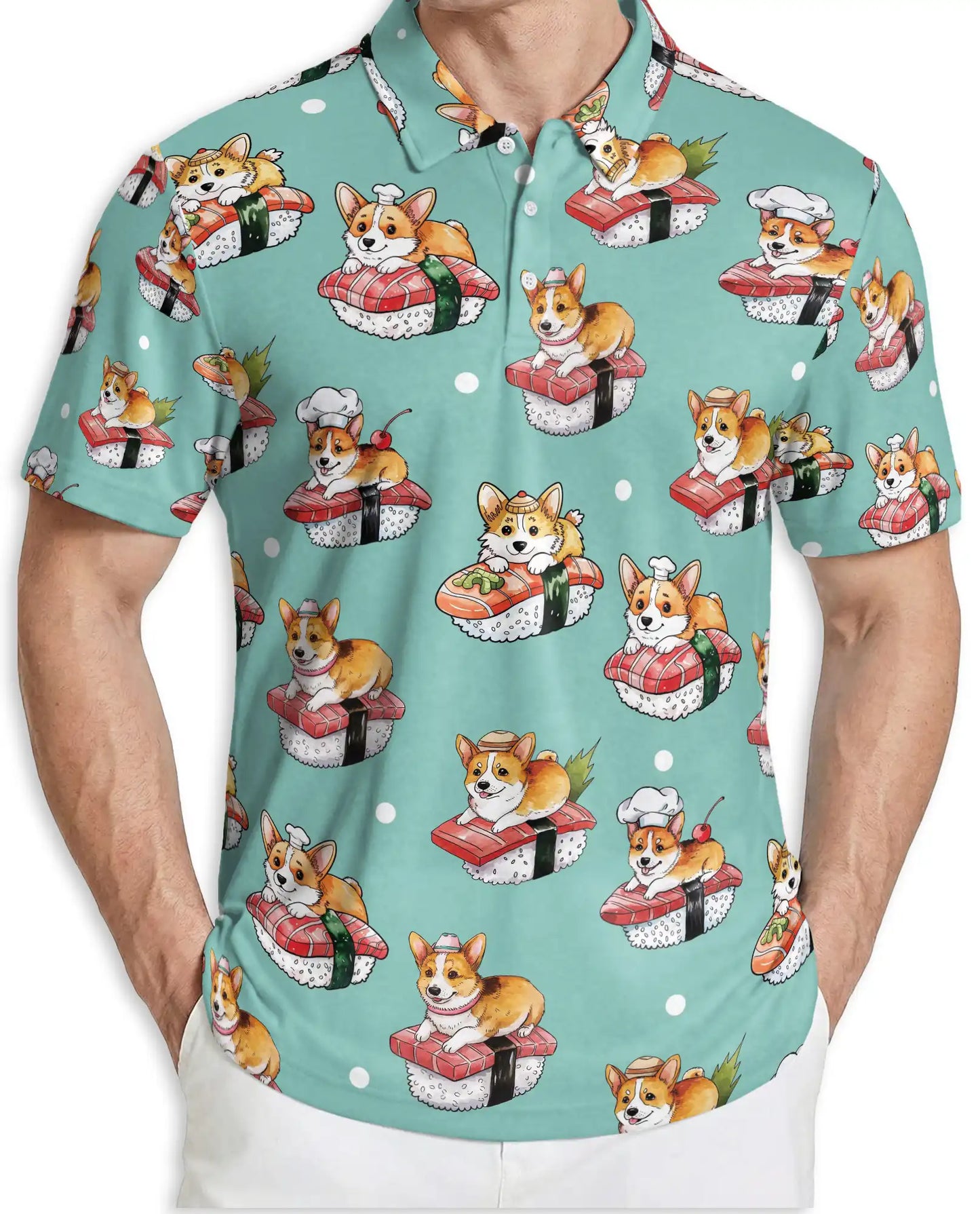 Corgi Sushi 3D Polo Shirt for Men, Funny Japanese Food Dog Style | Azhawaiian