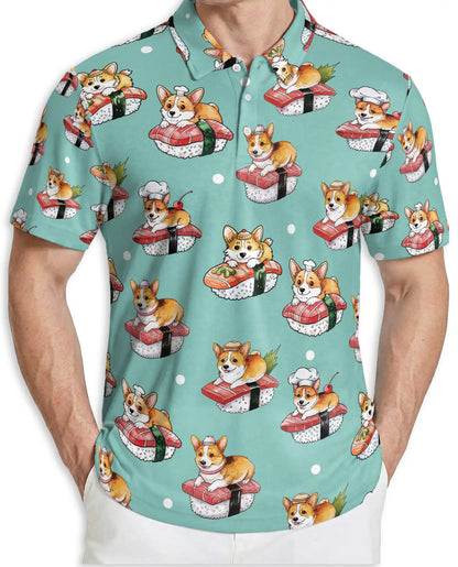 Corgi Sushi 3D Polo Shirt for Men, Funny Japanese Food Dog Style | Azhawaiian