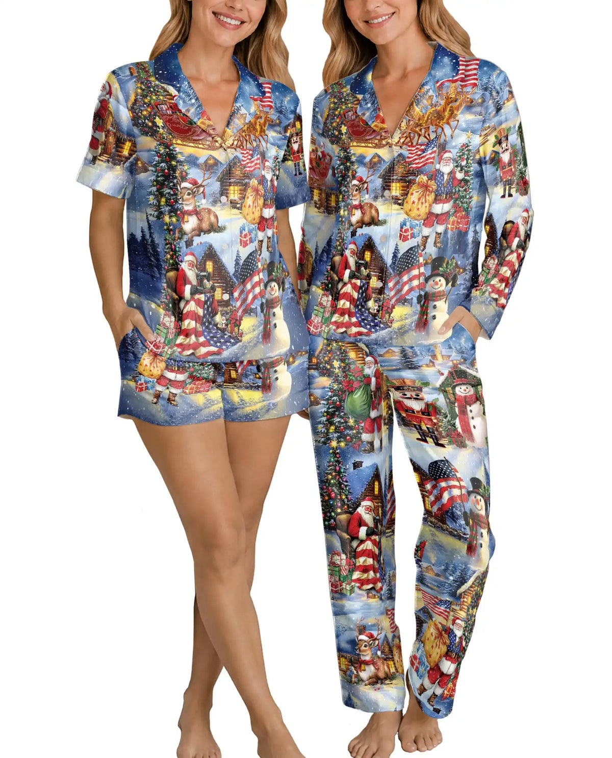 Patriotic Christmas Pajama Set for Women – Santa & American Flag Print