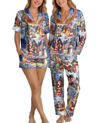 Patriotic Christmas Pajama Set for Women – Santa & American Flag Print
