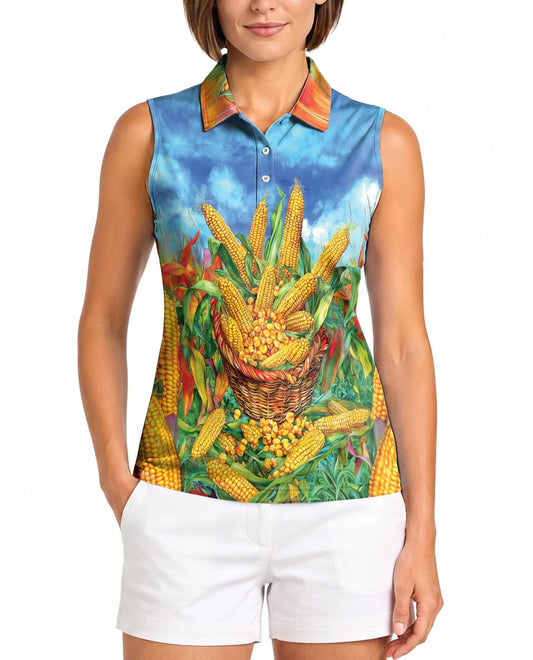 Corn Pattern Sleeveless Polo Shirt for Women | Azhawaiian