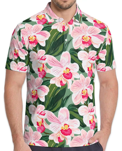 Pink Orchid Polo Shirt for Men, Tropical Floral Style | Azhawaiian