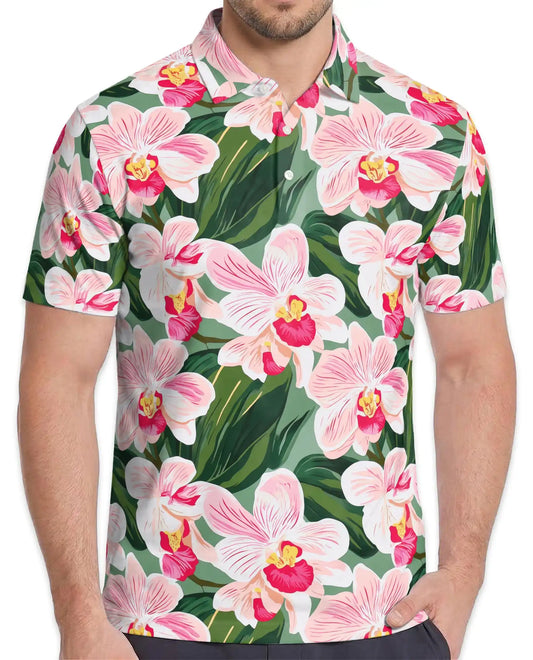 Pink Orchid Polo Shirt for Men, Tropical Floral Style | Azhawaiian