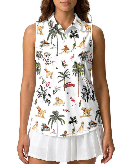 Golden Retriever Beach Sleeveless Polo Shirt for Women | Azhawaiian