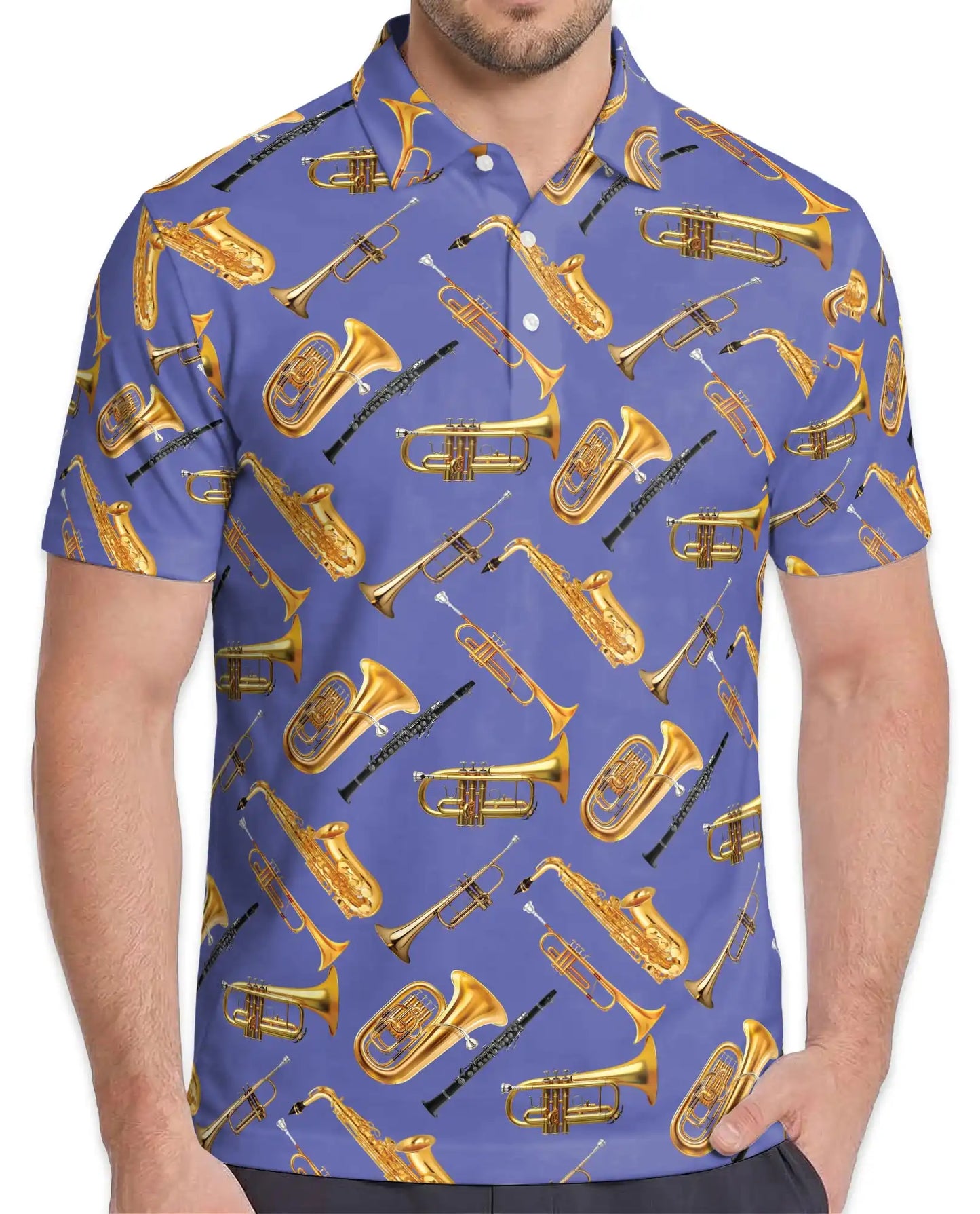 Musical Instruments Polo Shirt for Men-Print  Saxophone Trumpet | Azhawaiian