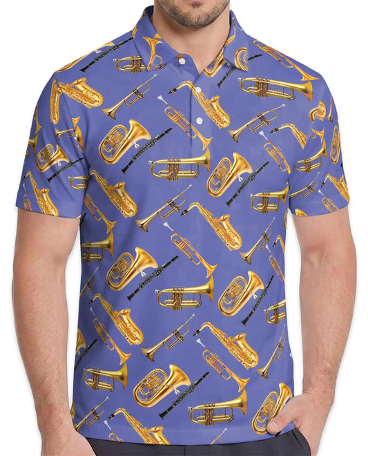 Musical Instruments Polo Shirt for Men-Print  Saxophone Trumpet | Azhawaiian