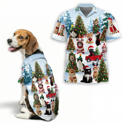 Cat Christmas Santa Print Matching Dog Owner Hawaiian Shirts, Funny Pet Aloha Shirt for Beach Vacation - Azhawaiian