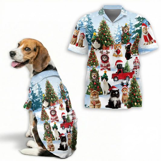 Cat Christmas Santa Print Matching Dog Owner Hawaiian Shirts, Funny Pet Aloha Shirt for Beach Vacation - Azhawaiian