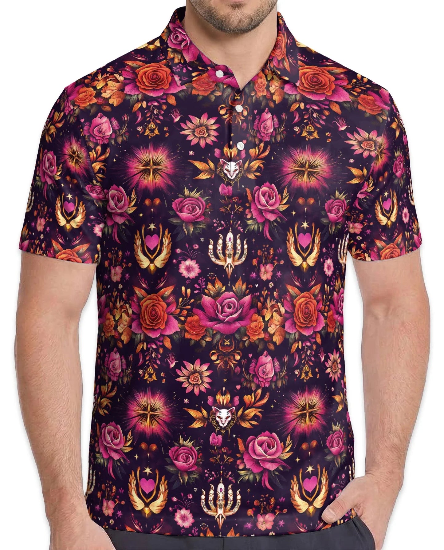 Kaleidoscope Rose Polo Shirt for Men, Colorful Floral Art Style | Azhawaiian