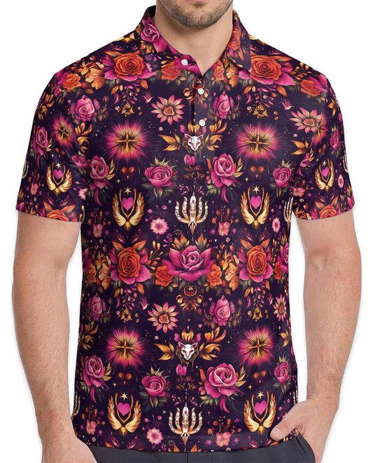 Kaleidoscope Rose Polo Shirt for Men, Colorful Floral Art Style | Azhawaiian