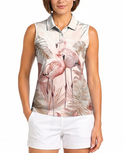 Art Flamingo Sleeveless Polo Shirt for Women, Colorful Tropical Style | Azhawaiian