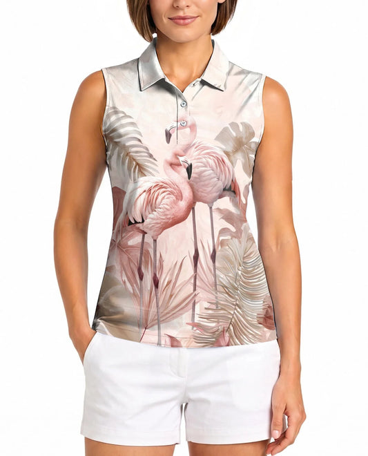 Art Flamingo Sleeveless Polo Shirt for Women, Colorful Tropical Style | Azhawaiian