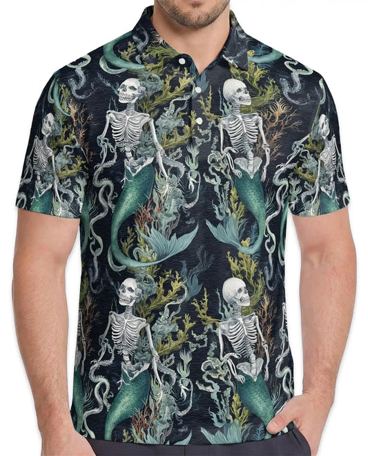 Skeleton Mermaid Polo Shirt - Gothic Ocean Fantasy Style | Azhawaiian