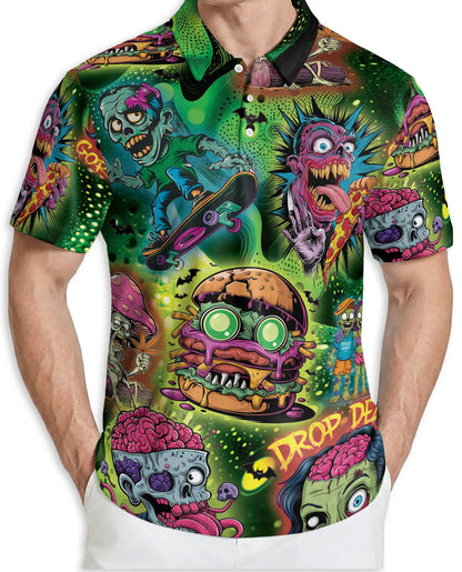 Zombie Skateboard Burger 3D Polo Shirt, Retro Graphic | Azhawaiian