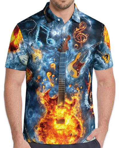 Flaming Electric Guitar Polo Shirt for Men - Rock Music Fire Guitar | Azhawaiian
