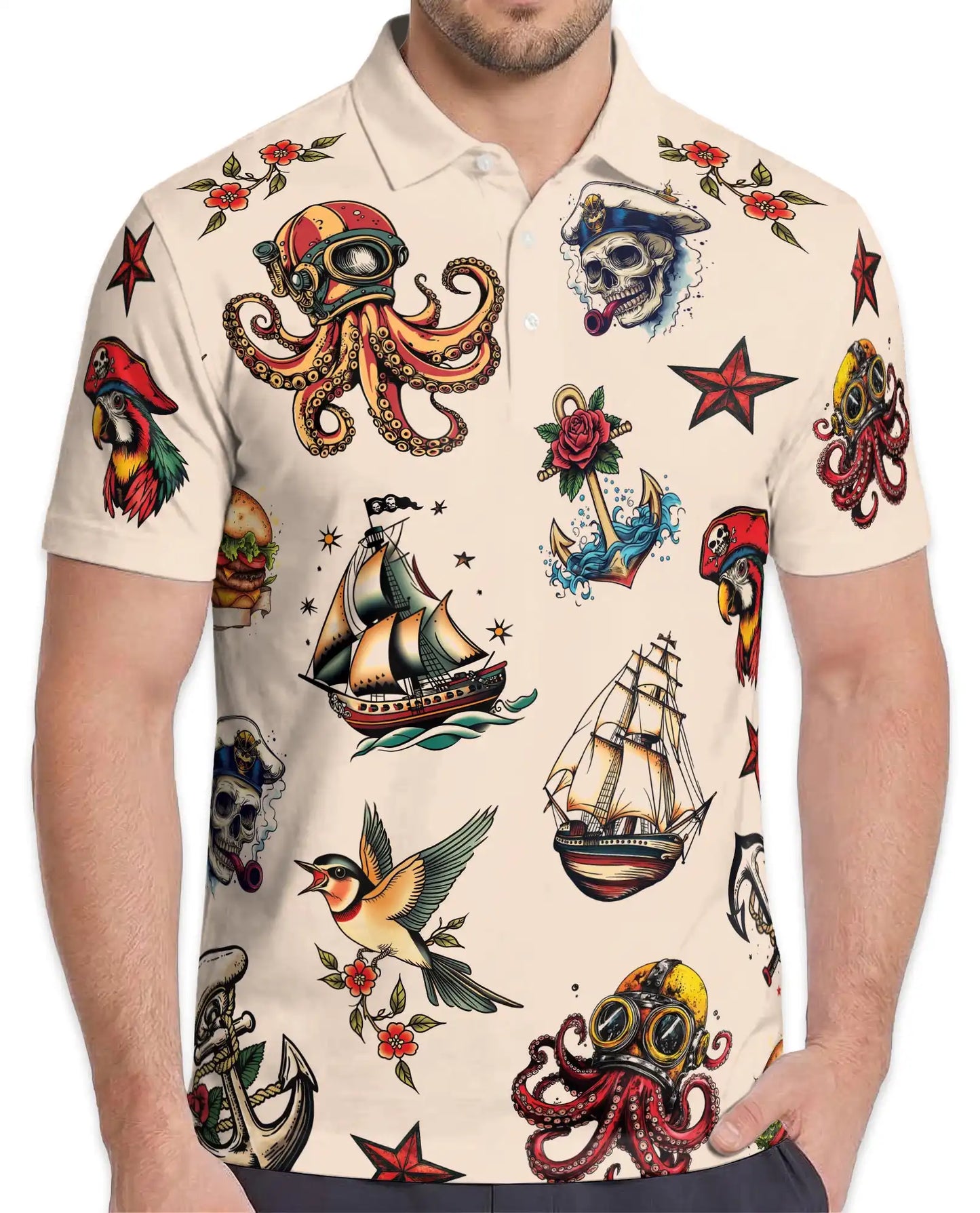 Pirate Tattoo Polo Shirt - Nautical Skull Octopus Sailor Design | Azhawaiian